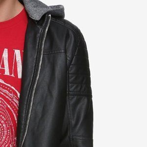 Hooded Black Faux Moto Leather Jacket
